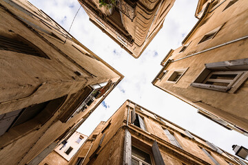 Cross X view streets in old city Montpellier - obrazy, fototapety, plakaty
