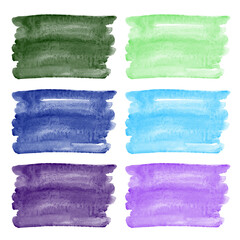 Green, blue, purple watercolor brush strokes, text frame templates set, collection. Horizontal rectangle backgrounds, smear watercolour shapes with stains. Painted hand drawn artistic texture. 