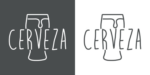 Logotipo con texto manuscrito Cerveza en español escrito a mano en silueta de vaso con espuma con lineas en fondo gris y fondo blanco