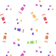 Seamless pattern for creativity print. Paints in tubes, drops. Vector illustrations 8 eps 
