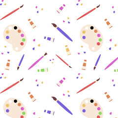 Seamless pattern for creativity print. Paints in tubes, drops, palette, brush. Vector illustrations 8 eps 