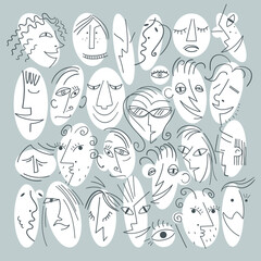 Fototapeta na wymiar Adstract cute faces of peoplen on a gray background. Line art. Vector illustration.