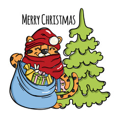 TIGER CHRISTMAS Santa Claus With A Bag Of Gifts Laughing Cute Animal Baby And Tree New Year Congratulation Cartoon Hand Drawn Sketch Vector Illustration Set