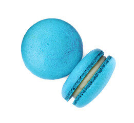 Delicious light blue macarons on white background, top view