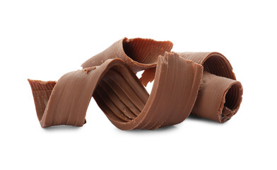 Yummy chocolate curls for decor on white background