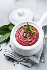 Seasonal fall autumn creamy beetroot soup on a table