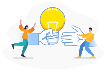 Brainstorm, generate ideas. Two people stand near big idea bulb. Modern vector illustration