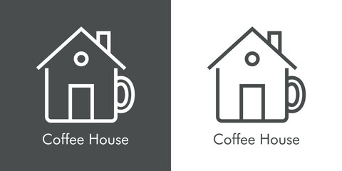 Logotipo con texto Coffee House con silueta de taza de café con forma de casa con lineas en fondo gris y fondo blanco