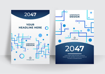 The blue vector illustration of the editable layout of A4 format cover mockups design templates with modern tech geometric background for brochure, magazine, flyer, booklet, annual report.