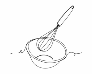 Continuous one line drawing of whisk and bowl icon in silhouette on a white background. Linear stylized.Minimalist.