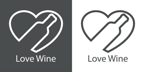 Logotipo con texto Love Wine con silueta de botella de vino con forma de corazón con lineas en fondo gris y fondo blanco