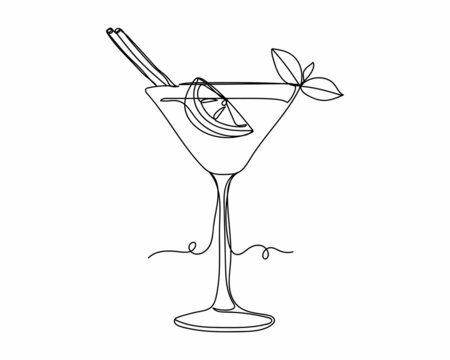 Continuous One Line Drawing Of Mojito Cocktail In Martini Glass Icon In Silhouette On A White Background. Linear Stylized.Minimalist.