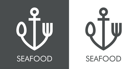 Logotipo con texto Seafood con silueta de ancla de barco con cubiertos con lineas en fondo gris y fondo blanco © teracreonte