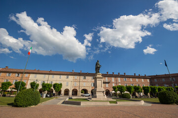 View of Carlo Emanuele I square with his statue in Vicoforte, province of Cuneo, Piedmont, Italy.