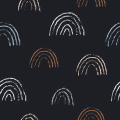 Boho seamless pattern with hand drawn rainbow on black backgrownd.