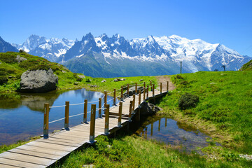 Idyllic landscape with Mont Blanc mountain range in sunny day. Nature Reserve Aiguilles Rouges,...