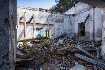 old destroyed industrial building in Losinj town, Croatia.