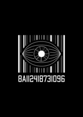 Barcode with an eye t-shirt and apparel design. Conspiracy theory concept. Illustration of the 1980s aesthetics. Black and white print. Vector