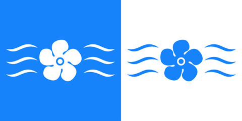 Símbolo aire acondicionado. Icono plano silueta de ventilador con olas en fondo azul y fondo blanco
