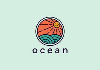 Ocean Sun Wave minimalist Logo sticker Design Template

