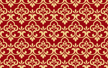 Wallpaper in the style of Baroque. Seamless vector background. Gold and red floral ornament. Graphic pattern for fabric, wallpaper, packaging. Ornate Damask flower ornament