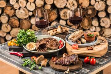 Barbecue dishes from beef steaks, pork, chicken sausages, tomatoes and chili peppers, red wine in glasses on the background of a barbecue with firewood.