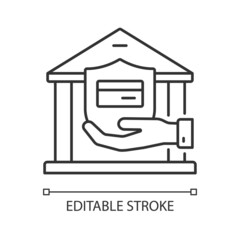 Bank account linear icon. Insurance for secure deposit. Savings on balance. Financial literacy. Thin line customizable illustration. Contour symbol. Vector isolated outline drawing. Editable stroke