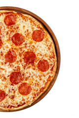 Pizza with sausage on a wooden board. Traditional delicious Italian food. Isolated on white background. Vertical.