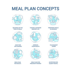 Meal plan related blue concept icons set. Preparing food idea thin line color illustrations. Shopping and cooking. Prep products ahead. Eating habits. Vector isolated outline drawings. Editable stroke