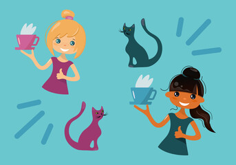 Bright set of girls with cups of coffee and curious cats.The light-skinned blonde and the dark-skinned African American love coffee and tea. Delicious and healthy hot drinks. Vector for Web, Print, Ad