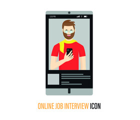 video conference and Digital communication icon. Virtual job interview. Vector illustration in a flat cartoon style.