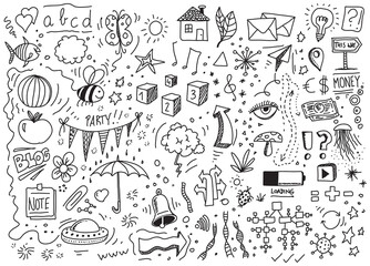 Different hand drawn vector doodles set