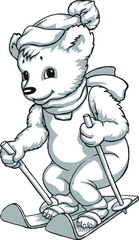 Mascot, bear on skis, black and white drawing, embroidery, print for fabric.