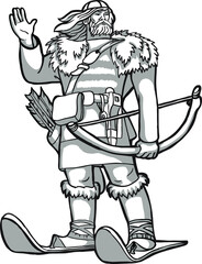 Fototapeta premium Strong man on skis, black and white drawing