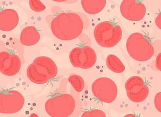 Vector seamless pattern with tomatoes. Plant decor for printing food labels, fabrics, food, paper.