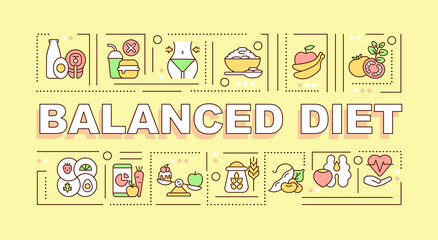 Balanced diet word concepts banner. Products rich in nutrients. Infographics with linear icons on yellow background. Isolated creative typography. Vector outline color illustration with text