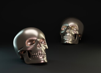 Golden human skulls on black background. Design element for Halloween greeting card template. 3d render