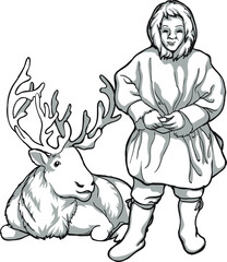 Caribou deer and indigenous peoples of northern Russia. Vintage black and white drawing. Vector illustration. Nature and man