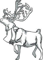 Caribou deer and indigenous peoples of northern Russia. Vintage black and white drawing. Vector illustration. Nature and man