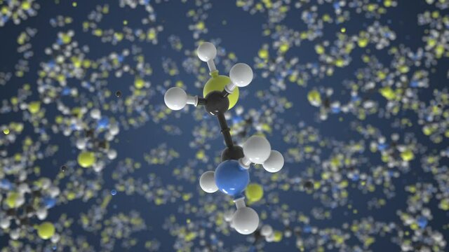 Molecule of cysteamine, conceptual molecular model. Scientific looping 3d animation