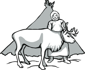 Caribou deer and indigenous peoples of northern Russia. Vintage black and white drawing. Vector illustration. Nature and man