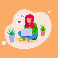 A woman is sitting at home and texting on a laptop. Blogger