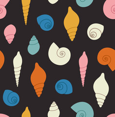 Seamless pattern of colored seashells. Concept of ocean flora and fauna, marine and underwater life, summertime. Colored vector illustration, isolated on black.