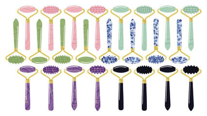 Big set of different gua sha rollers are made of quartz, aventurine, jade, amethyst, sodalite. Facial gua sha massage tools. Home beauty routine, Chinese skin care. Hand drawn vector illustration.