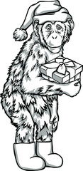 Black and white monkey with a gift Vector illustration. Chinese New Year symbols