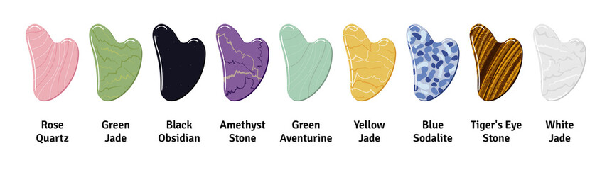 Big set of different gua sha stones with title are made of quartz, aventurine, jade, amethyst, sodalite. Facial gua sha massage tools, Chinese skin care. Hand drawn vector illustration. © m.malinika