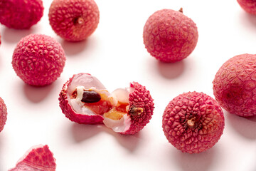 Closeup of fresh lychee on white background.