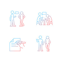 Understanding in communication gradient linear vector icons set. Nonverbal signal. Attitudinal barriers. Writing letters. Thin line contour symbols bundle. Isolated outline illustrations collection