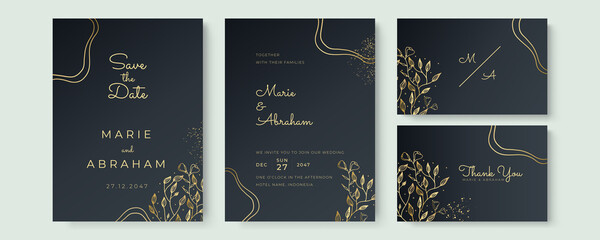 Luxury elegant tropical leaves black and gold wedding cards. Wedding black and gold concept. Floral poster, invite. Vector decorative greeting card or invitation design background