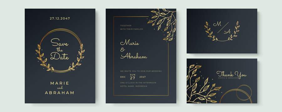 Wedding invitation cards with minimal black texture background and gold geometric floral line design vector. Black Set Card Wedding Invitation, floral invite thank you, rsvp modern card Design